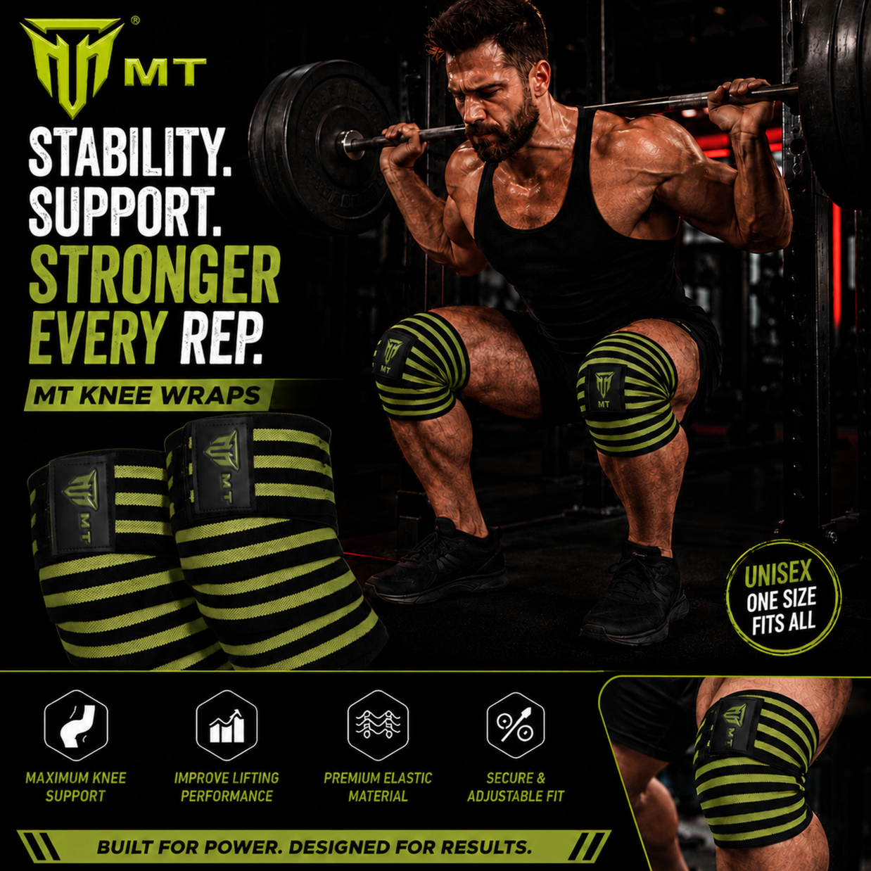 MT weight lifting knee wraps in green, worn by model