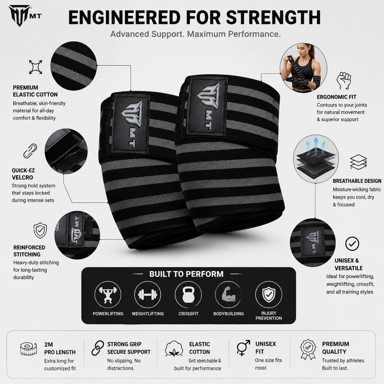 MT weight lifting knee wraps in grey, infographic detail