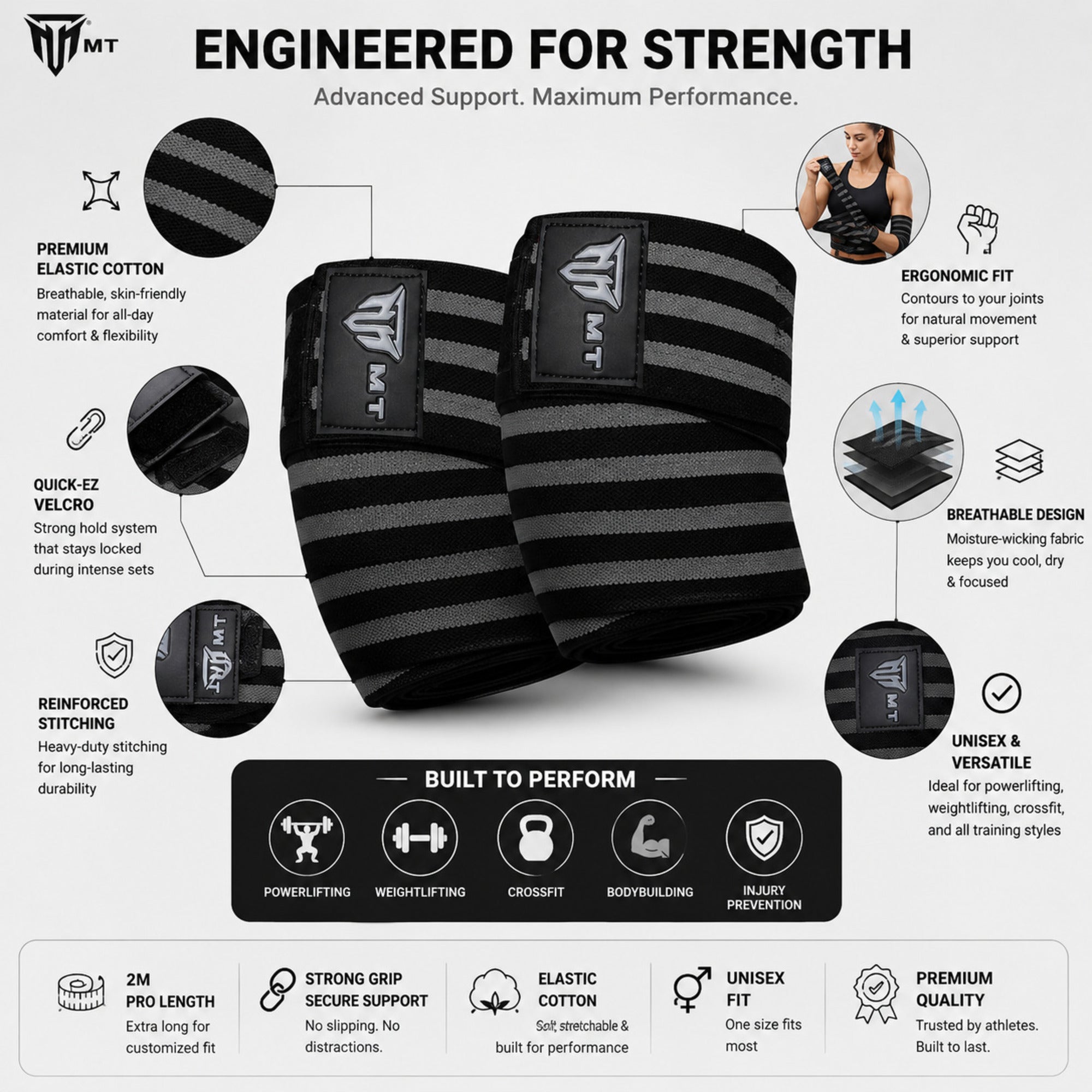 MT weight lifting knee wraps in grey, infographic detail