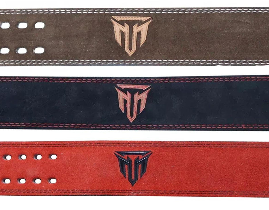 Set of leather gym belts with a brand logo on a white background