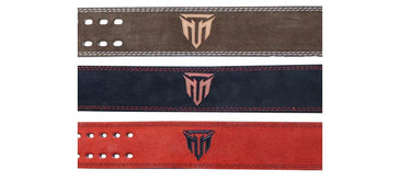 Set of leather gym belts with a brand logo on a white background