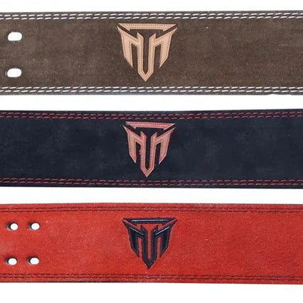 Set of leather gym belts with a brand logo on a white background