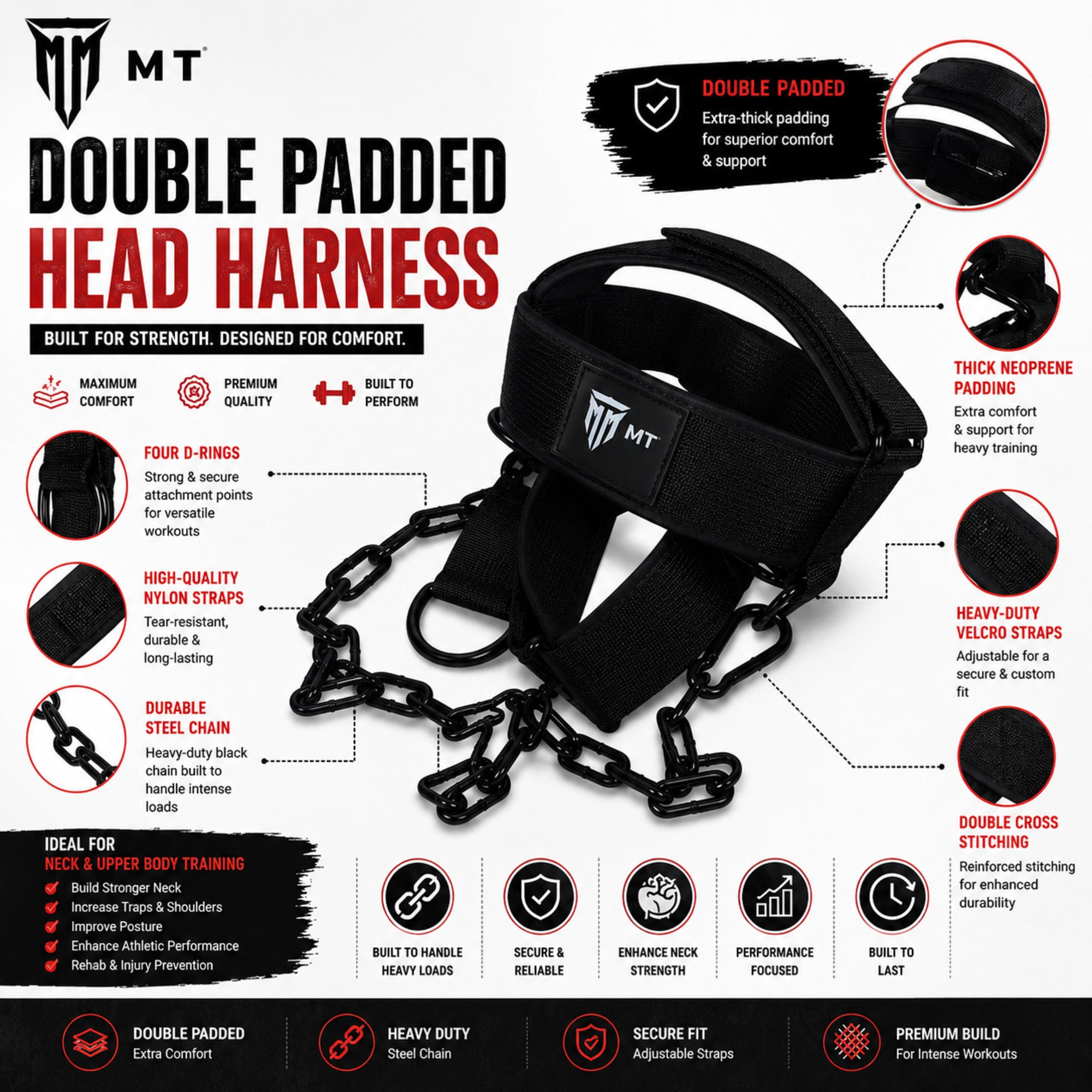 MT double padded neck harness infographic detail