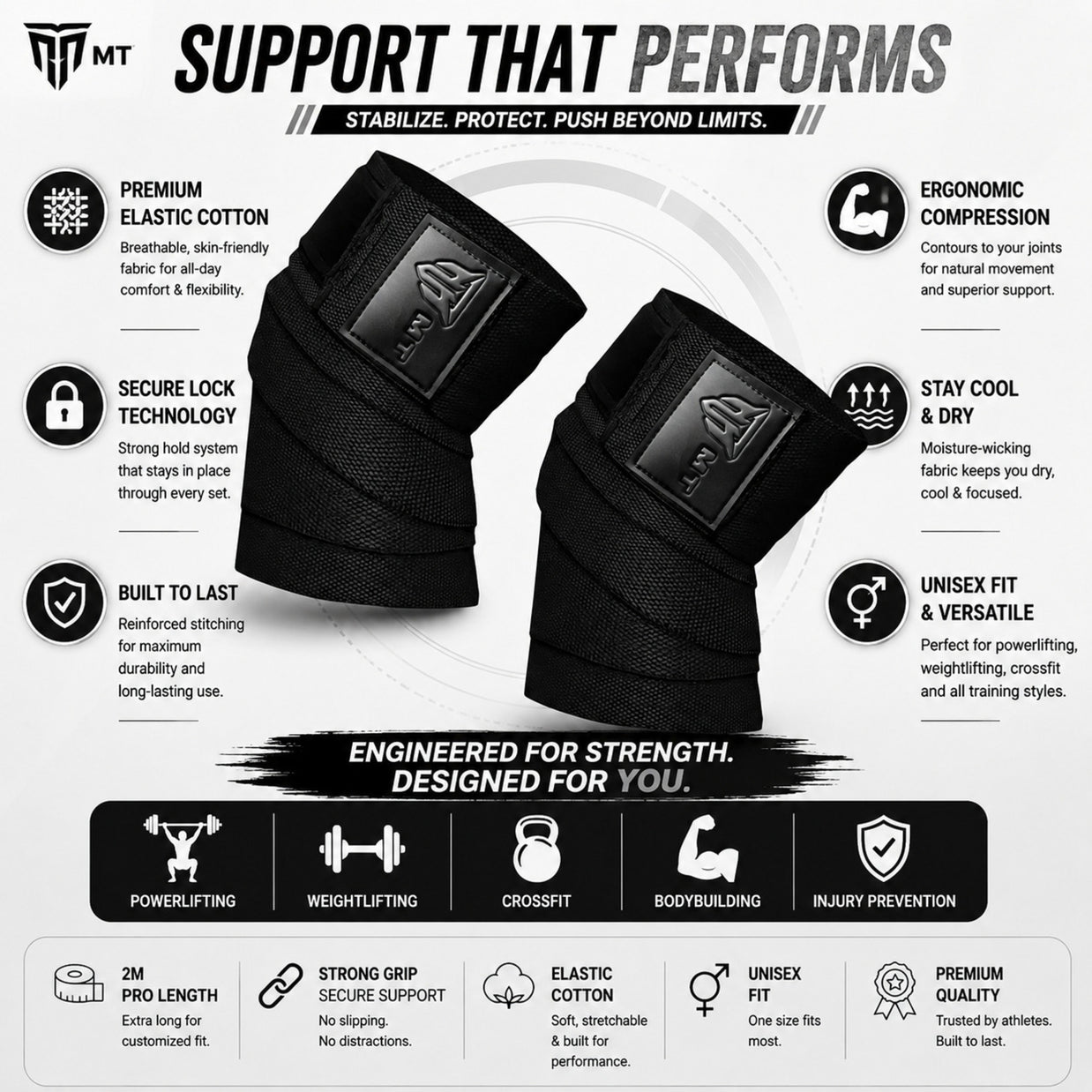 MT weight lifting knee wraps in jet black, infographic detail