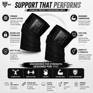 MT weight lifting knee wraps in jet black, infographic detail