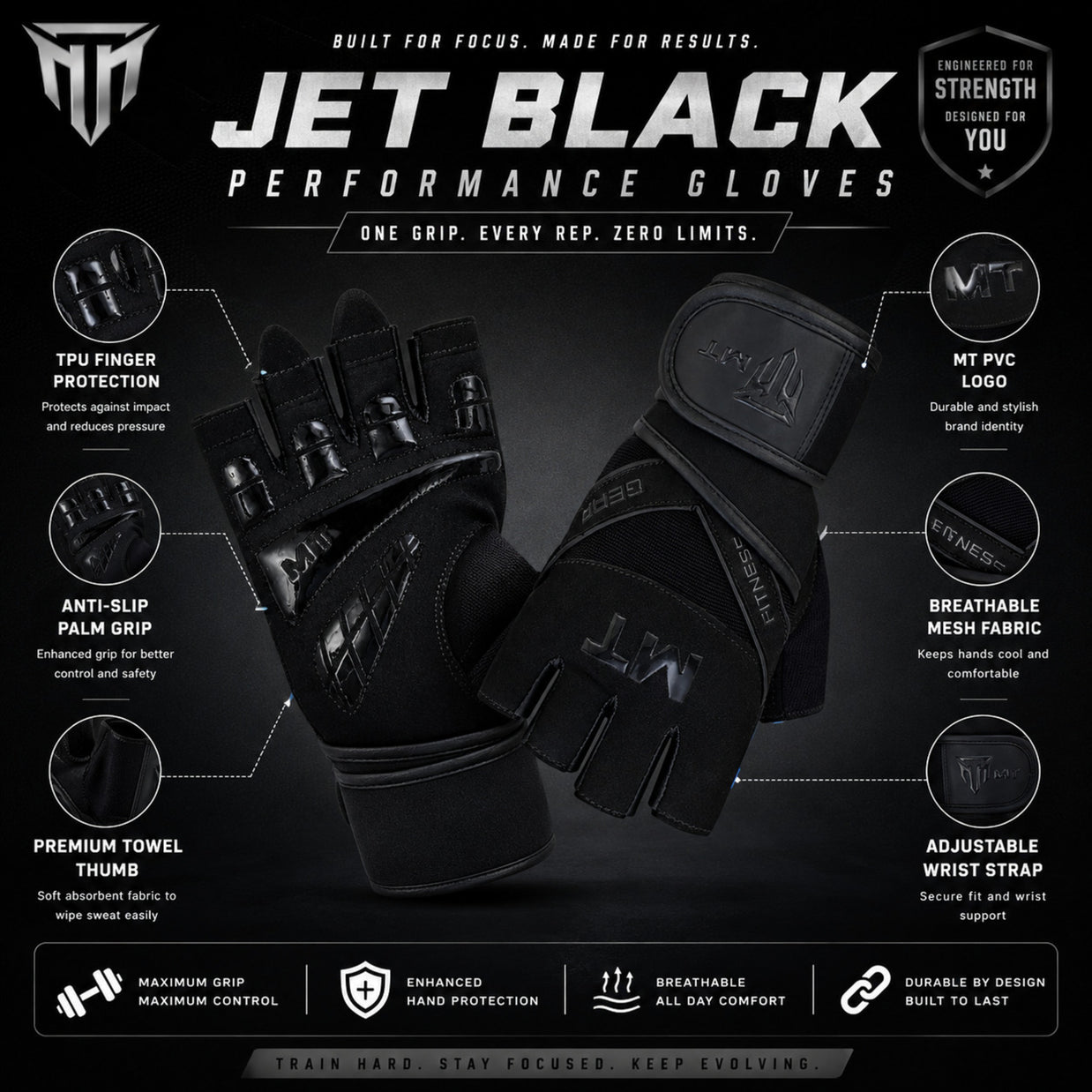MT Master gym gloves in jet black, angle view 2