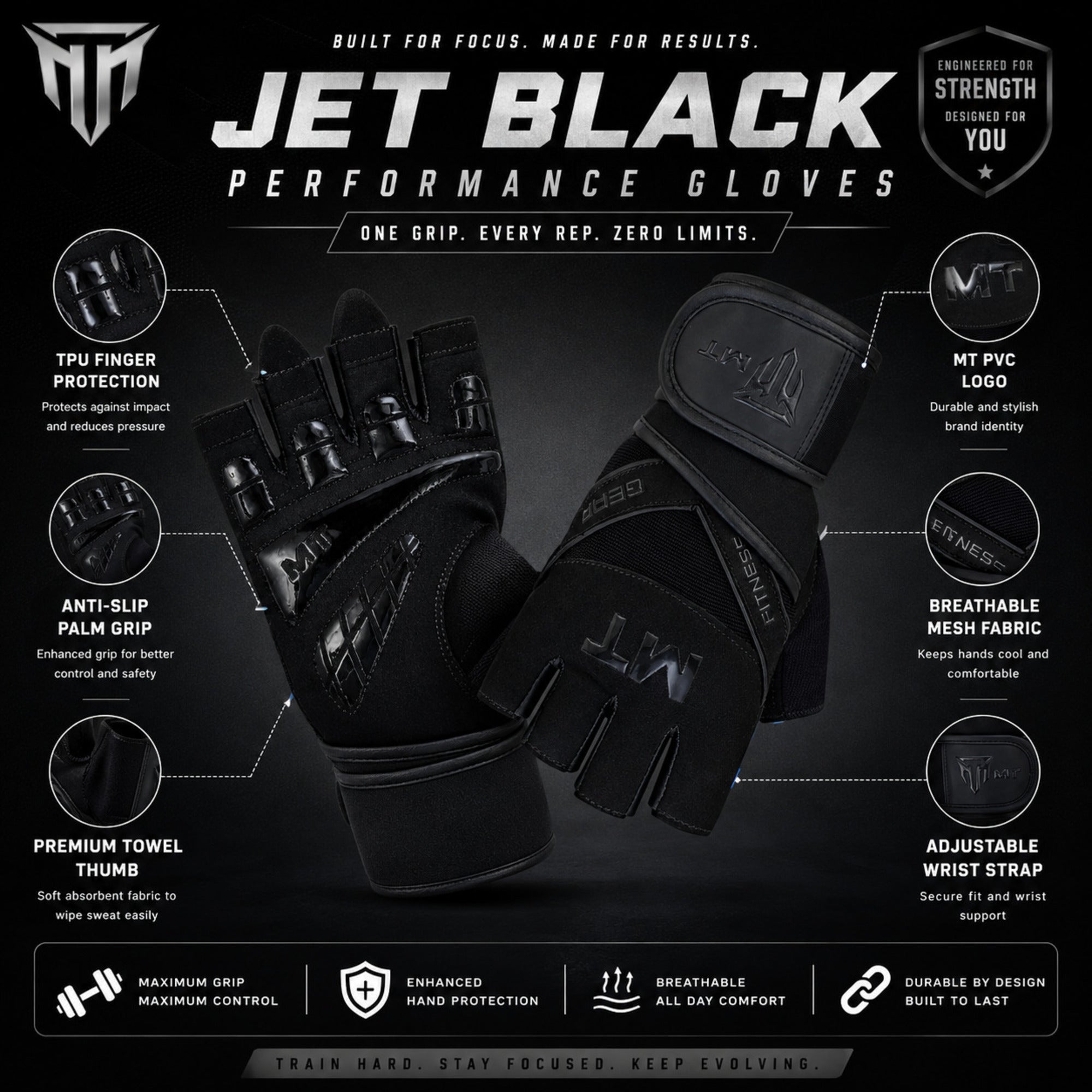 MT Master gym gloves in jet black, angle view 2