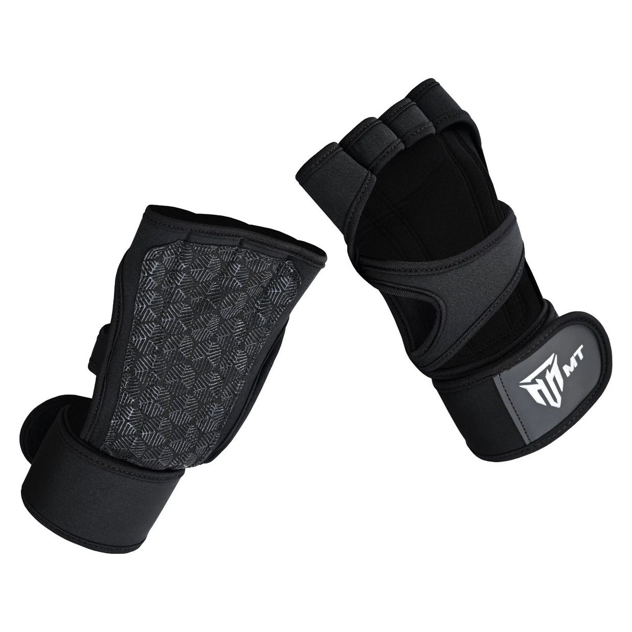 MT neoprene gym gloves with wrist wrap in black, front view