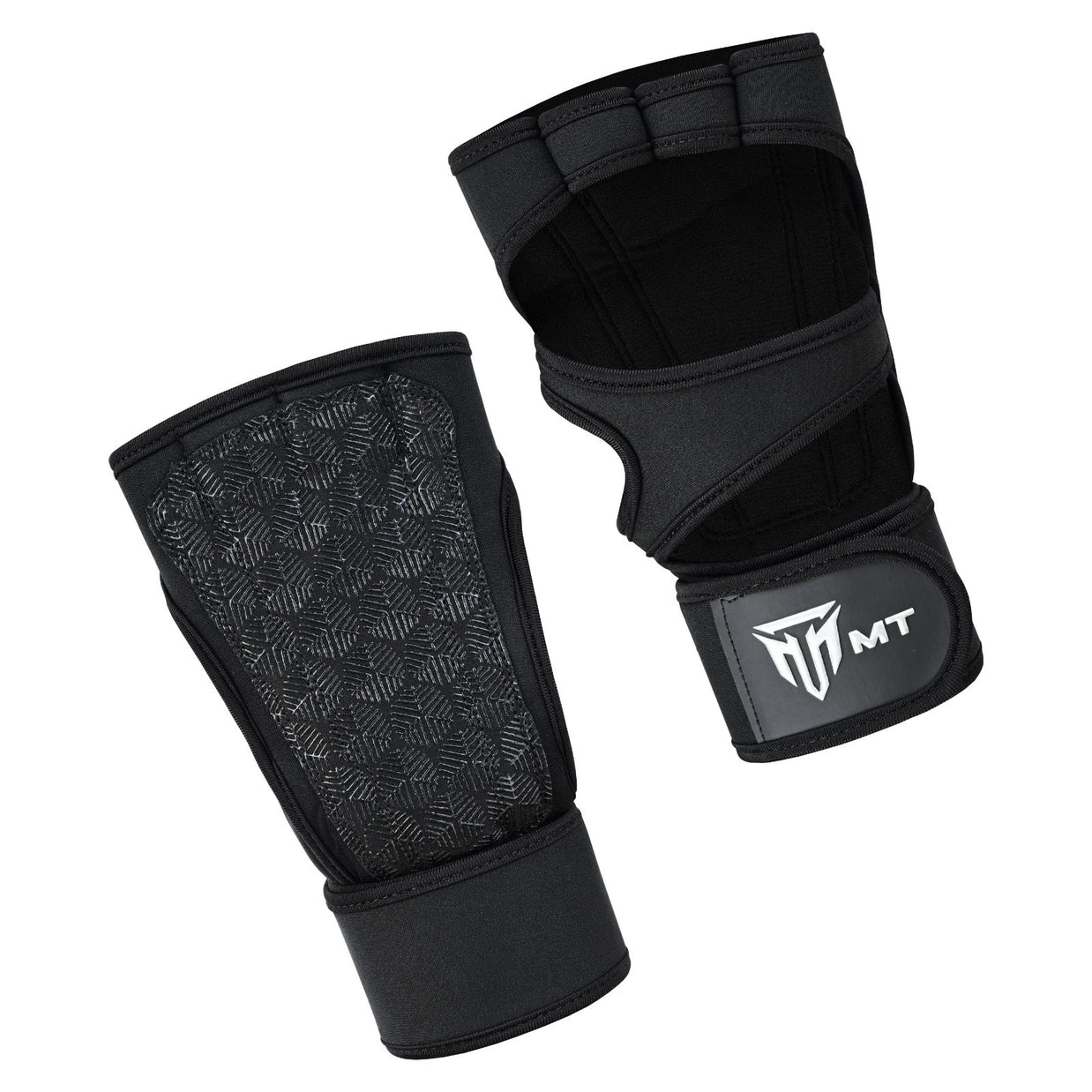 MT neoprene gym gloves with wrist wrap in black, angle view 2