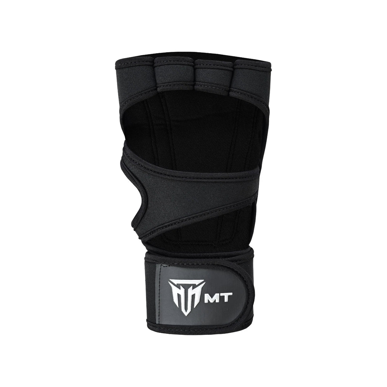 MT neoprene gym gloves with wrist wrap in black, angle view 4
