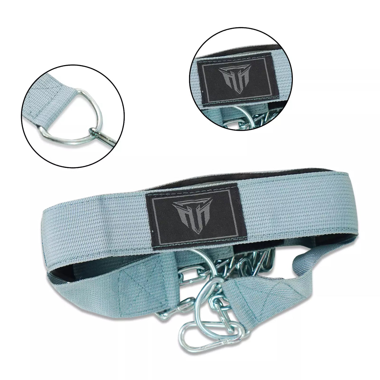 MT neck training head harness in grey, front view