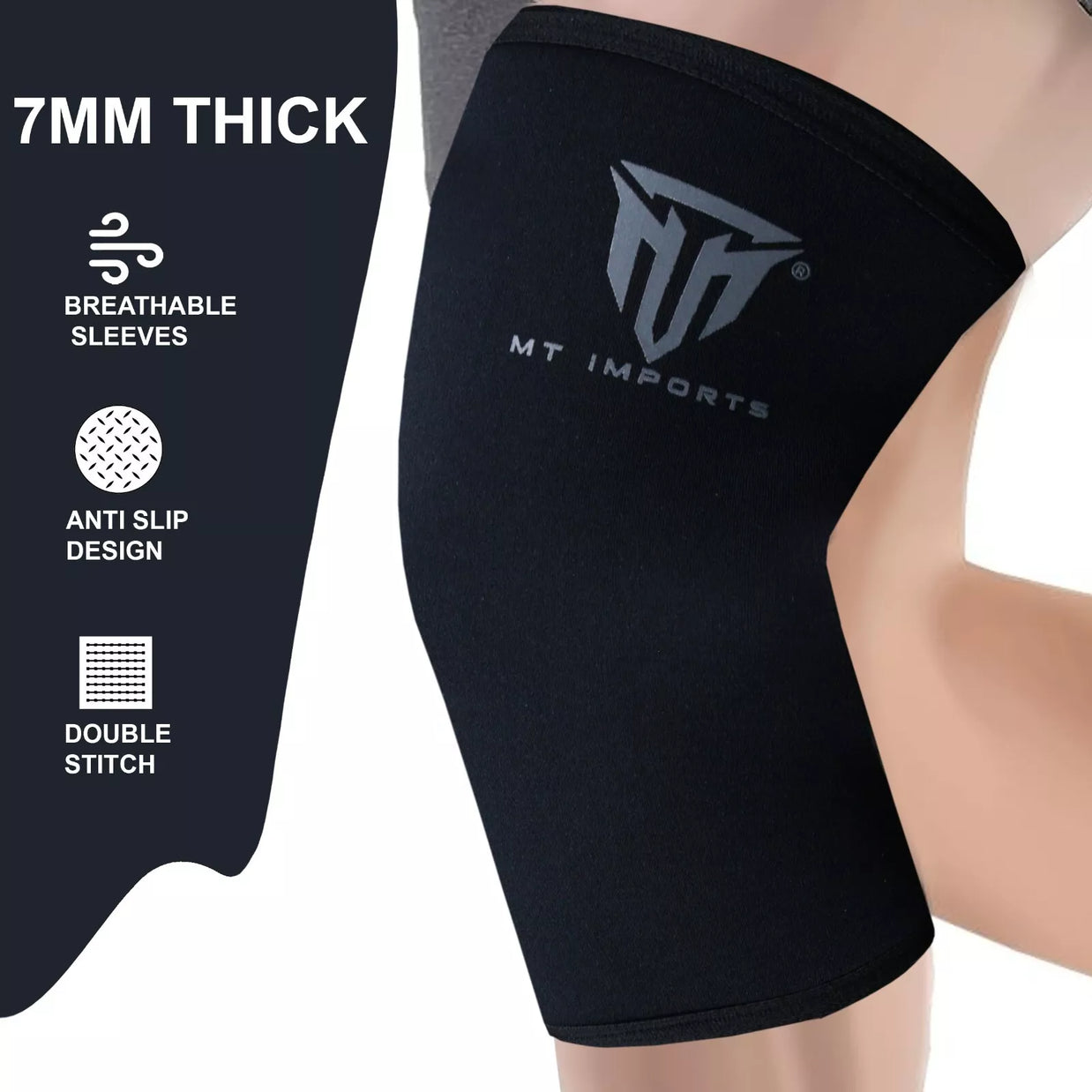 MT knee sleeve compression brace in black, angle view 3