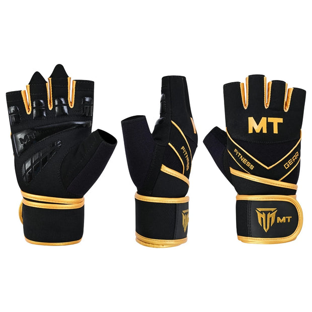 MT Gym Gloves Leather Padded Fitness Wrist Wrap Weightlifting MMA Style Workout