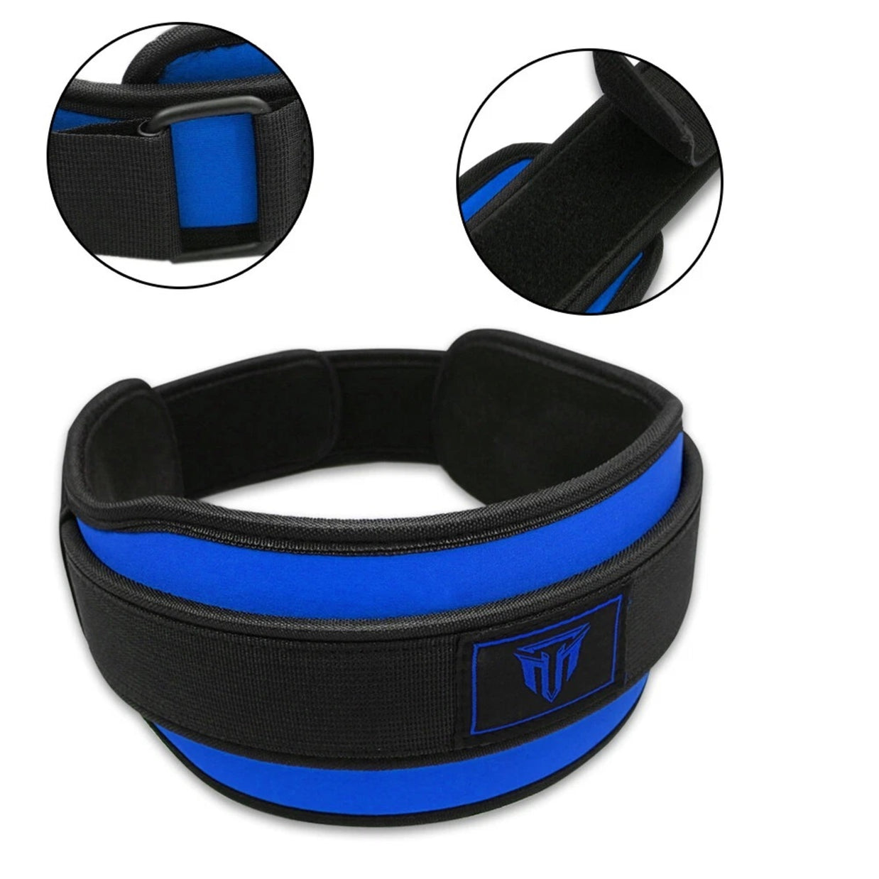 MT weightlifting padding belt in blue, front view