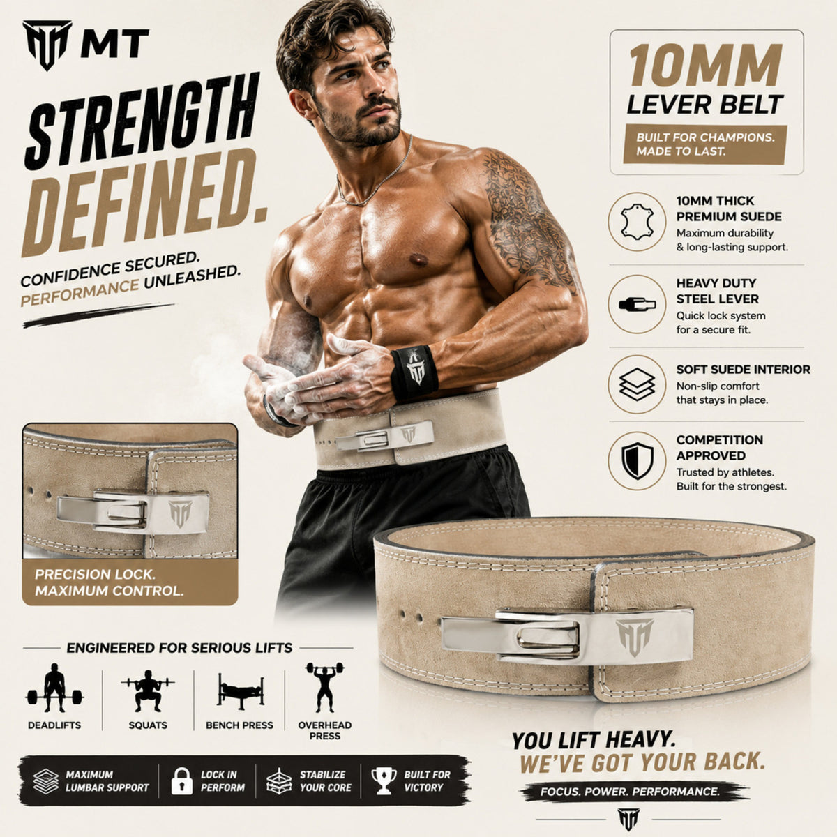 MT 10mm Genuine Leather Lever Belt | Premium Powerlifting & Weightlifting Gym Belt for Men & Women