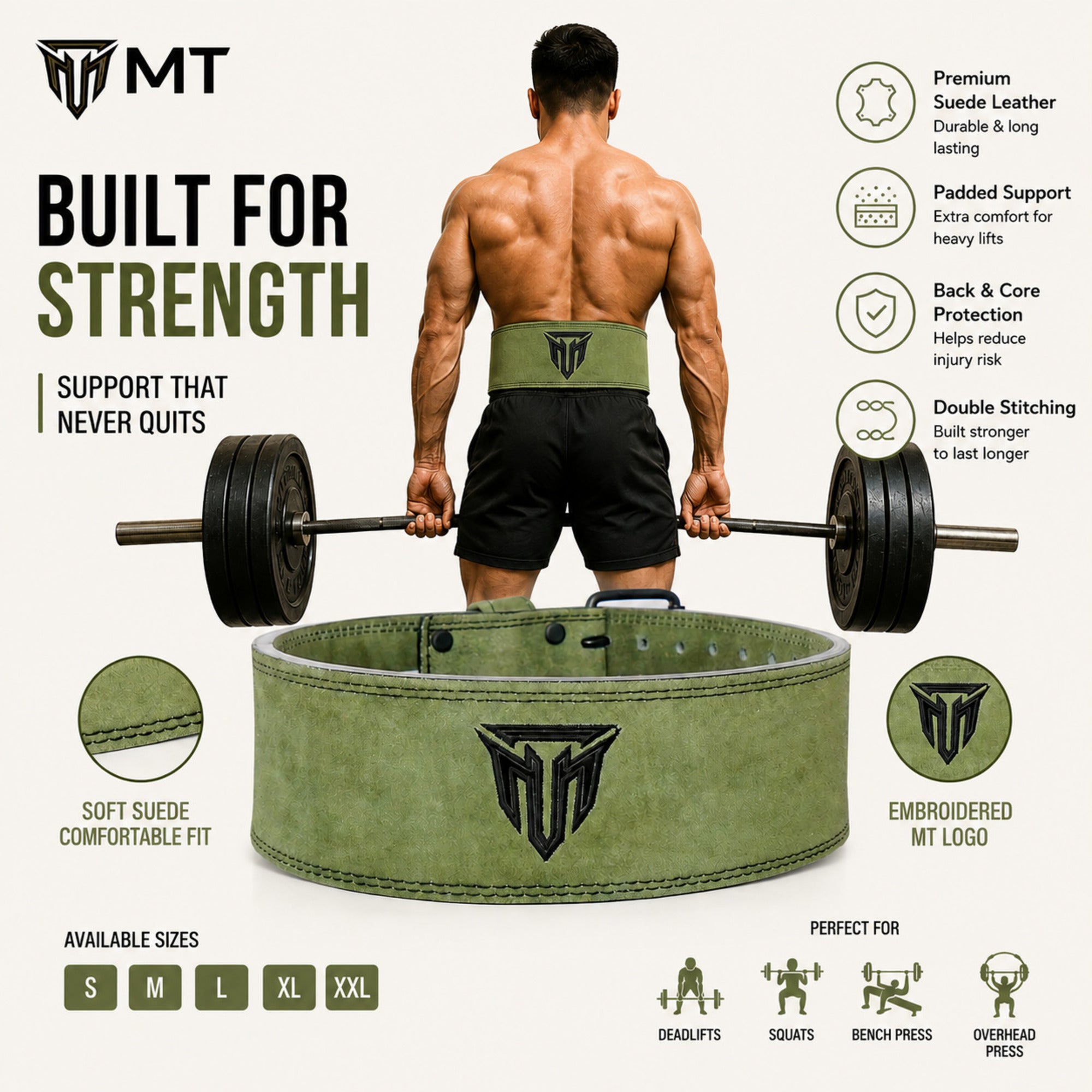 MT 10mm Powerlifting Leather Belt | Carbon Fiber Padded Back Support for Squats, Deadlifts & Gym