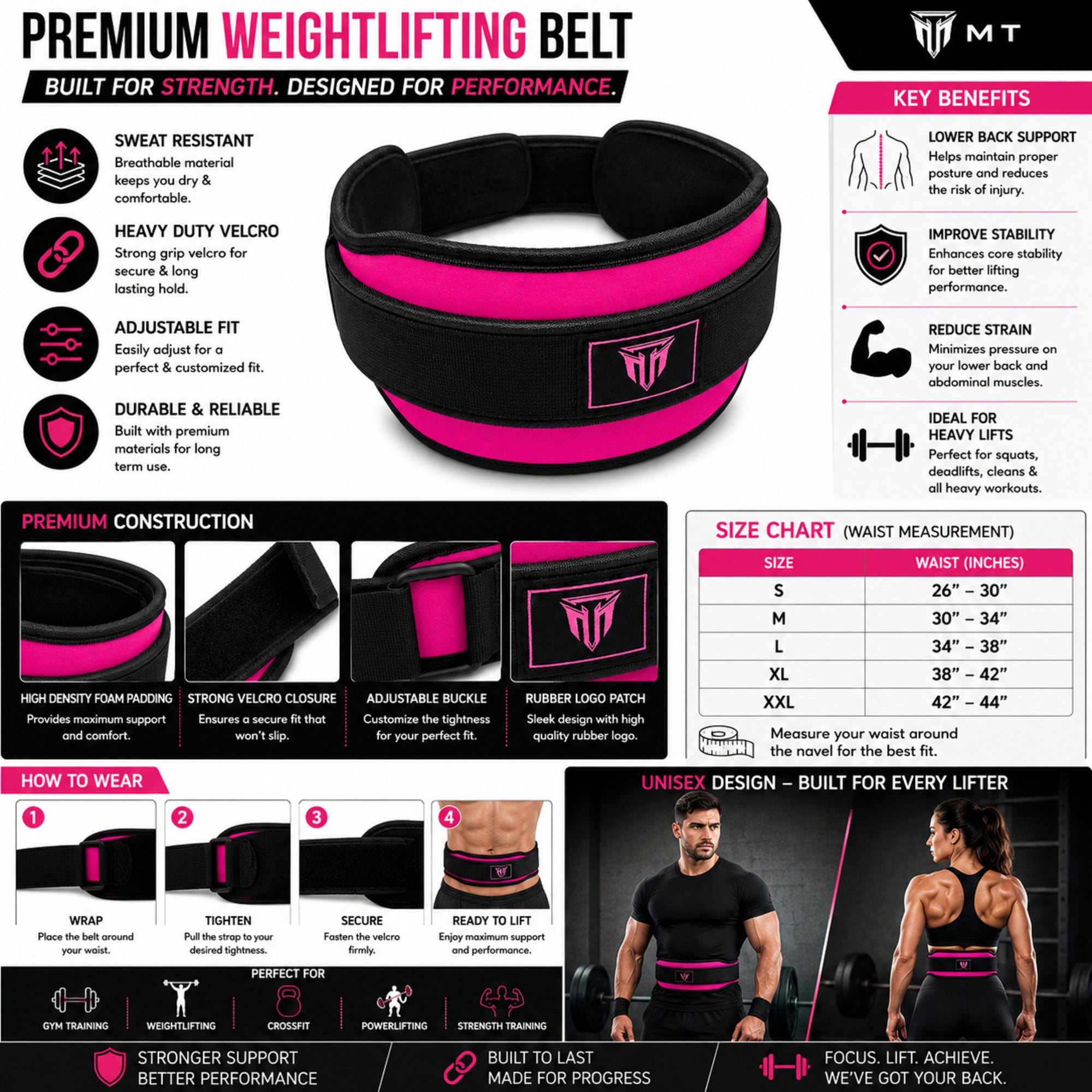 MT weightlifting padding belt in pink, infographic detail
