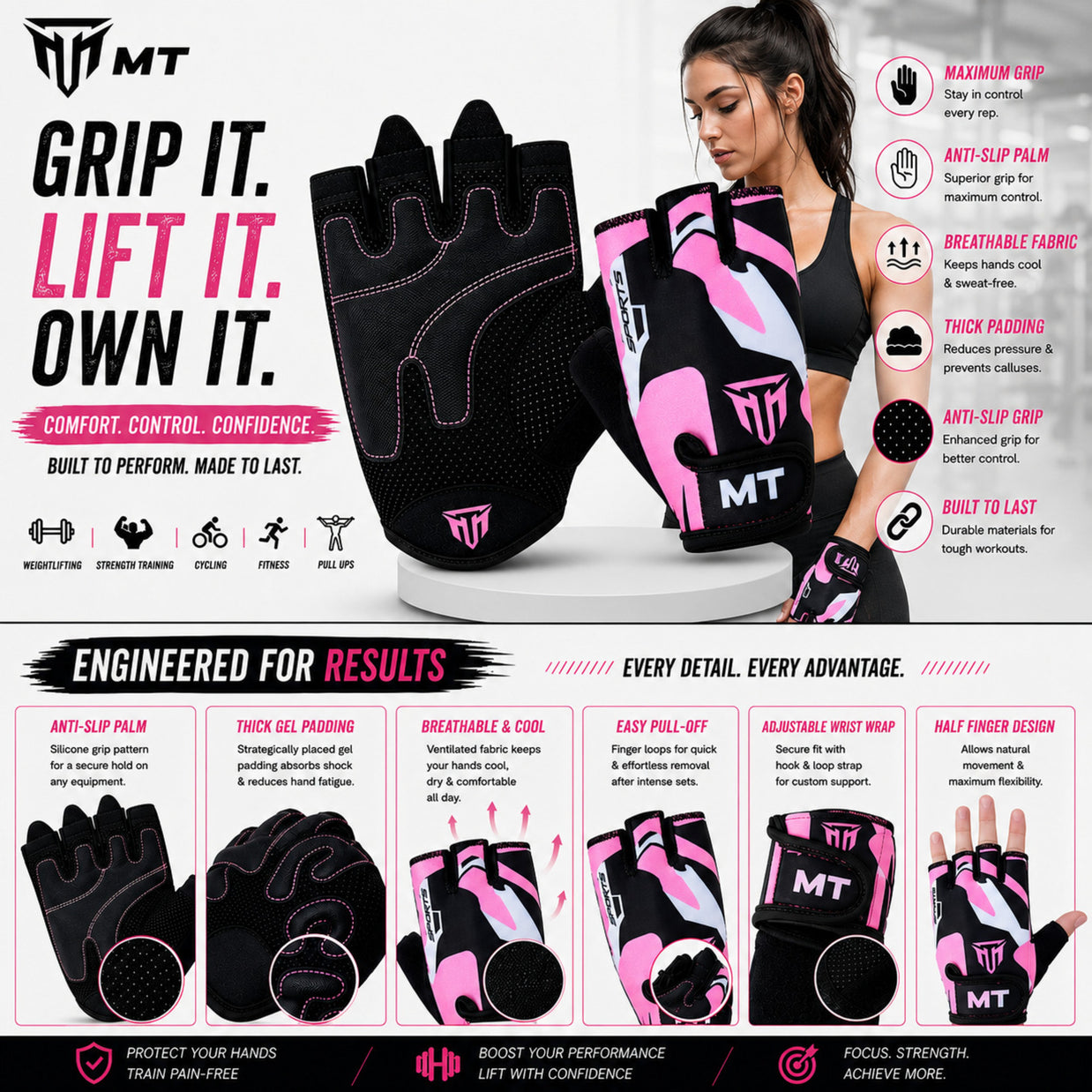 MT Weight Lifting Gloves | Unisex Bodybuilding & Fitness Workout Gloves for Men & Women S–2XL