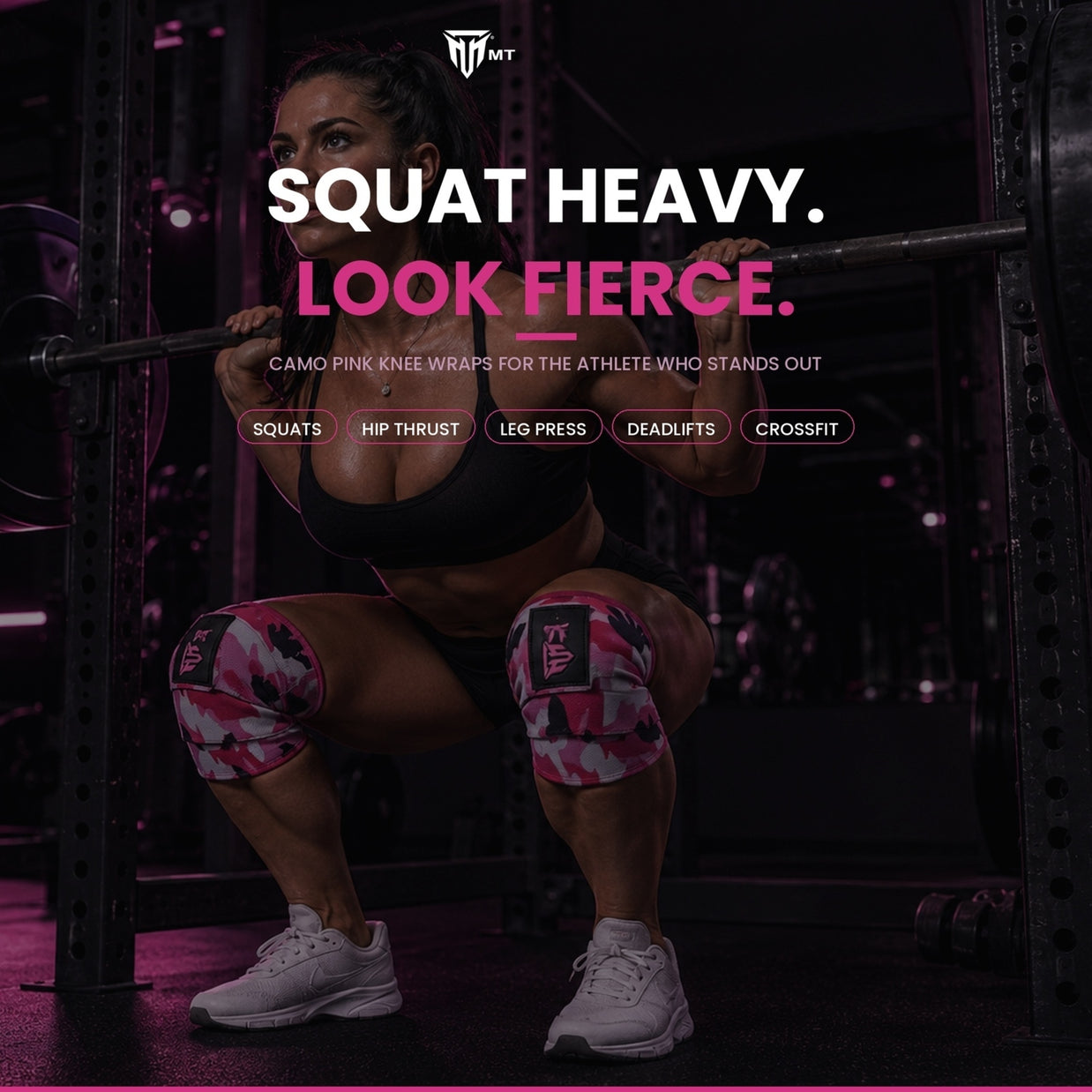 MT weight lifting knee wraps in pink, squat lifestyle photo