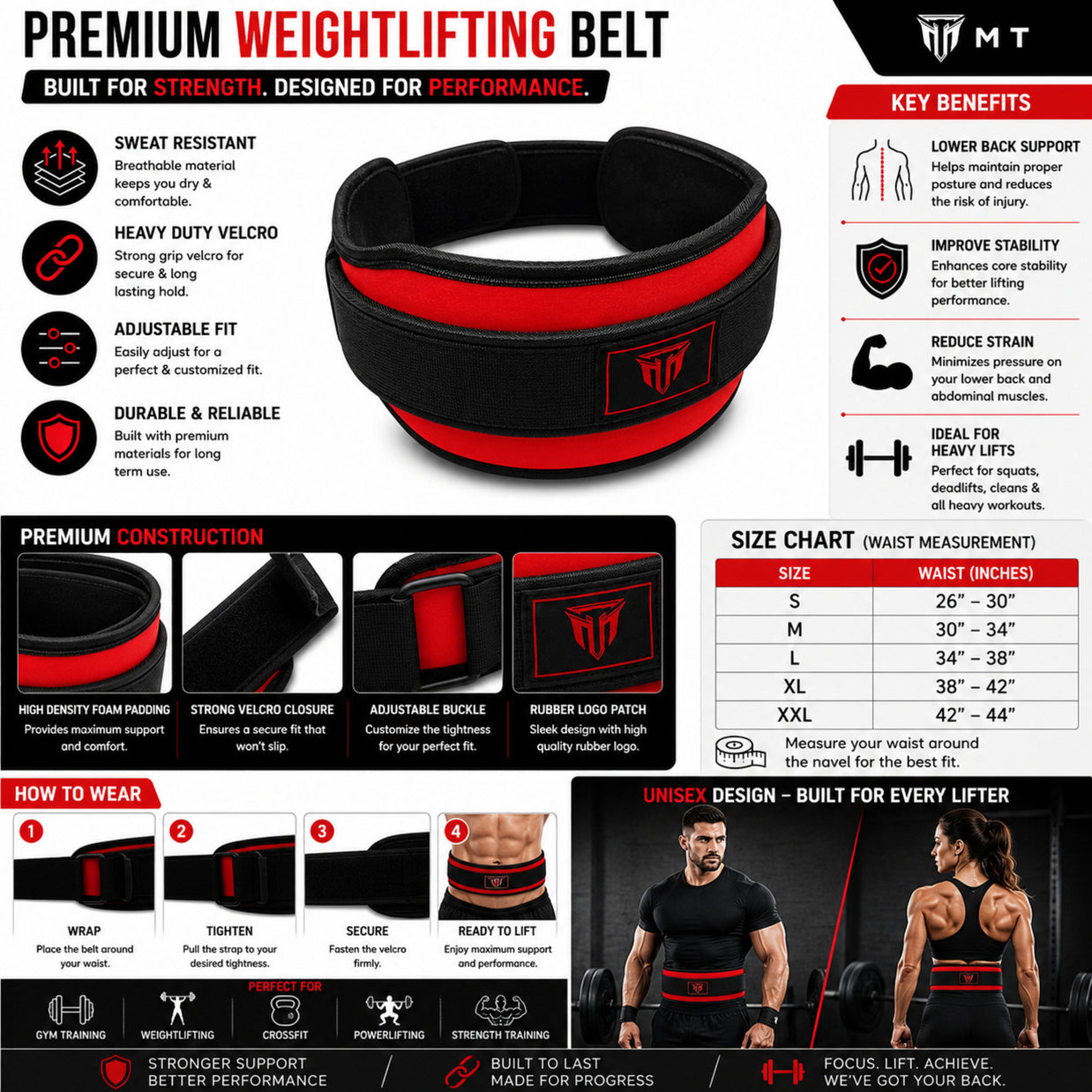 MT weightlifting padding belt in red, infographic detail