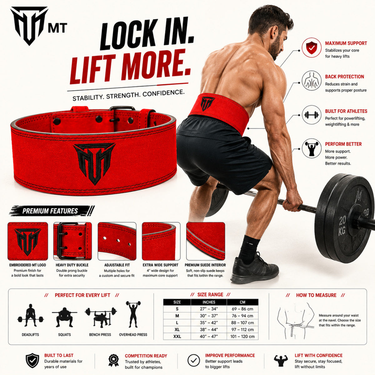 MT 10mm Powerlifting Leather Belt | Carbon Fiber Padded Back Support for Squats, Deadlifts & Gym