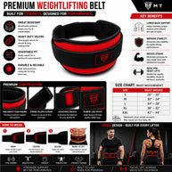 MT weightlifting padding belt in red, infographic detail