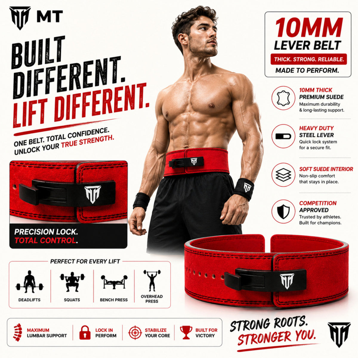 MT 10mm Genuine Leather Lever Belt | Premium Powerlifting & Weightlifting Gym Belt for Men & Women