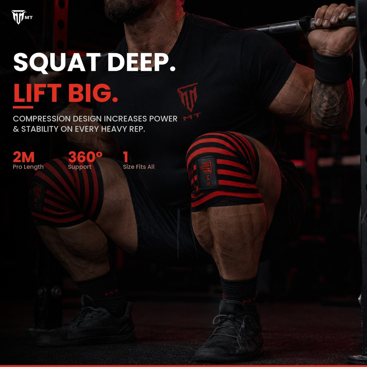 MT weight lifting knee wraps in red, squat lifestyle photo