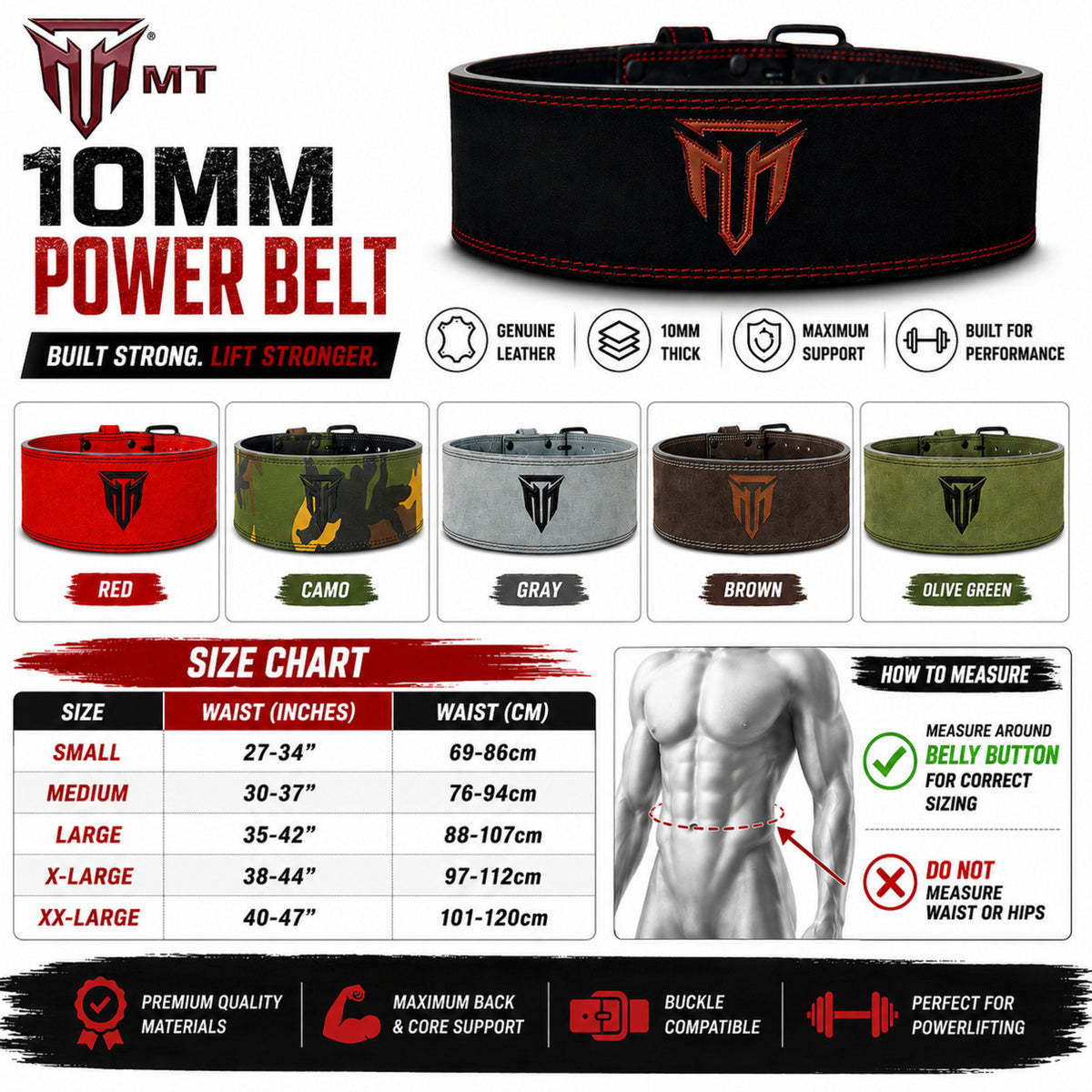 MT 10mm Powerlifting Leather Belt | Carbon Fiber Padded Back Support for Squats, Deadlifts & Gym