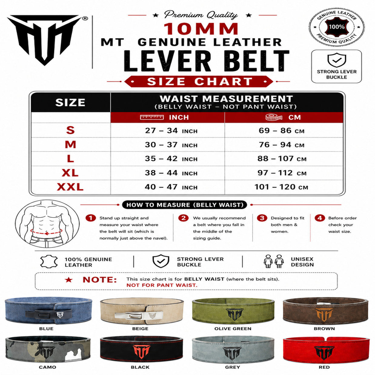 MT 10mm Genuine Leather Lever Belt | Premium Powerlifting & Weightlifting Gym Belt for Men & Women