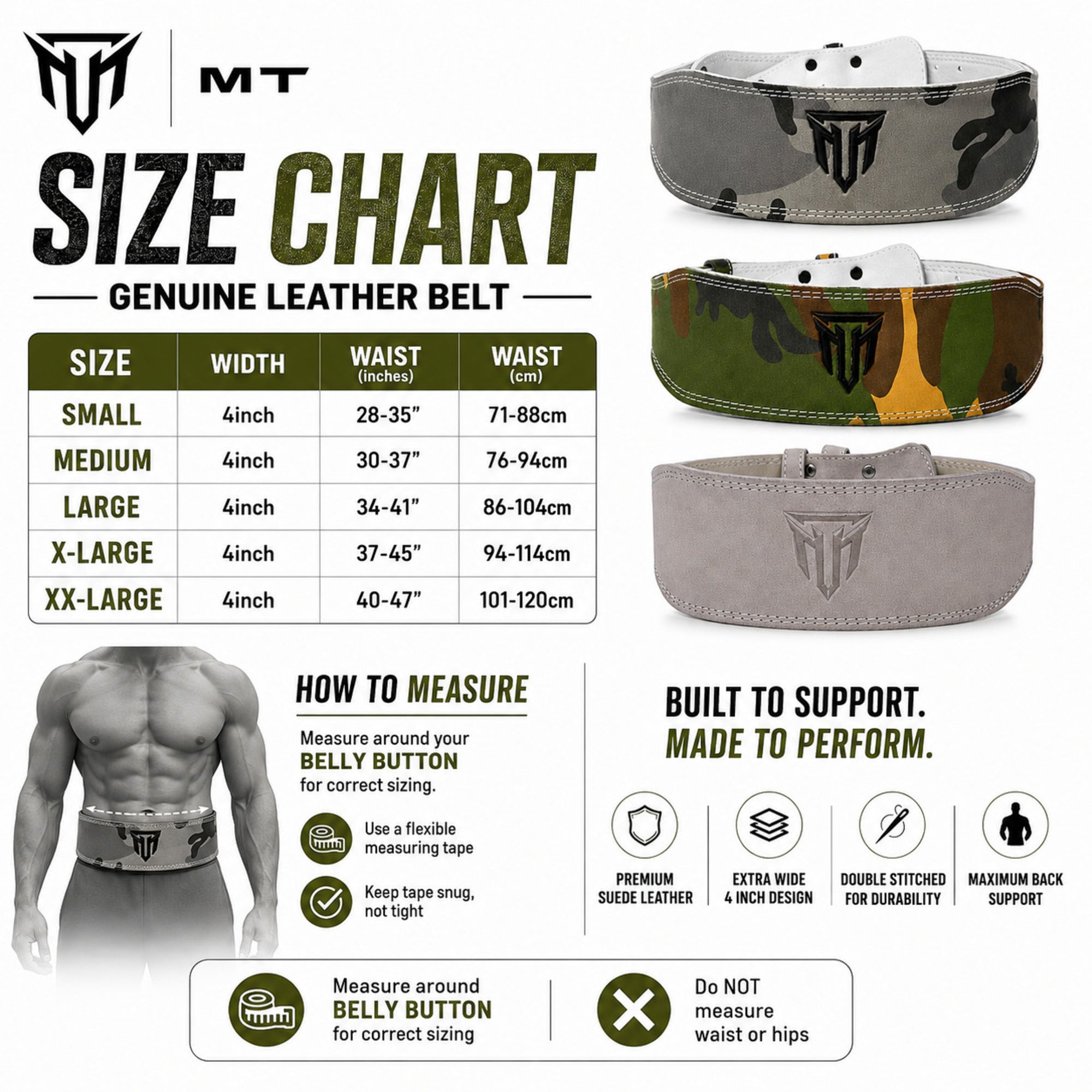 MT 4 Inch Weight Lifting Belt | Leather Back Support Belt for Gym, Powerlifting & Bodybuilding