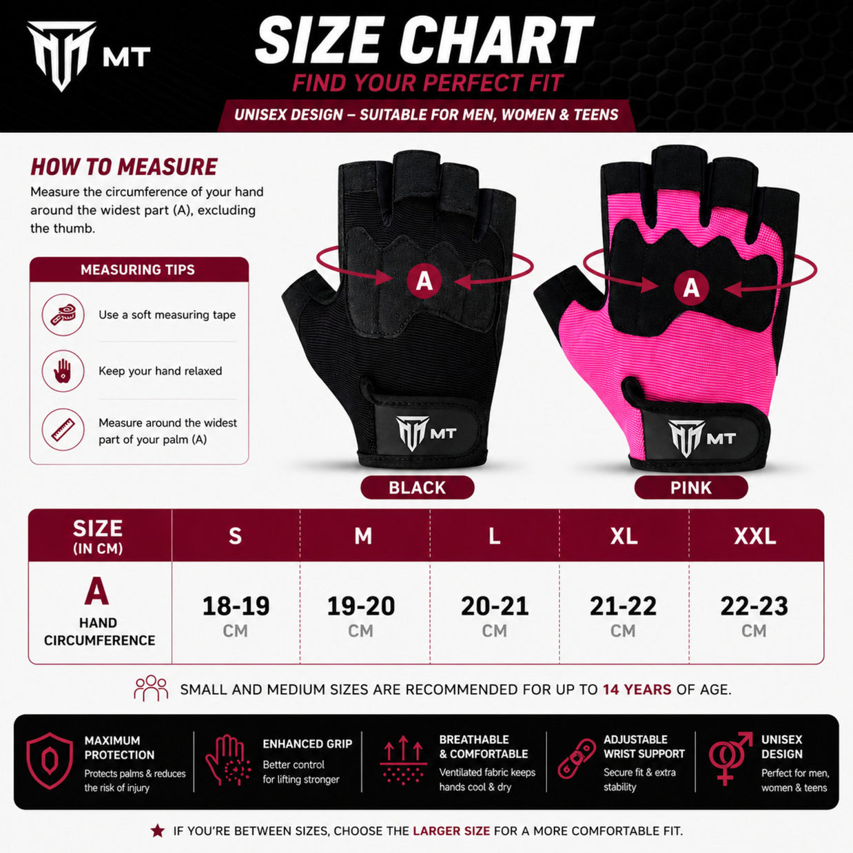 MT leather gym gloves size chart S to 2XL