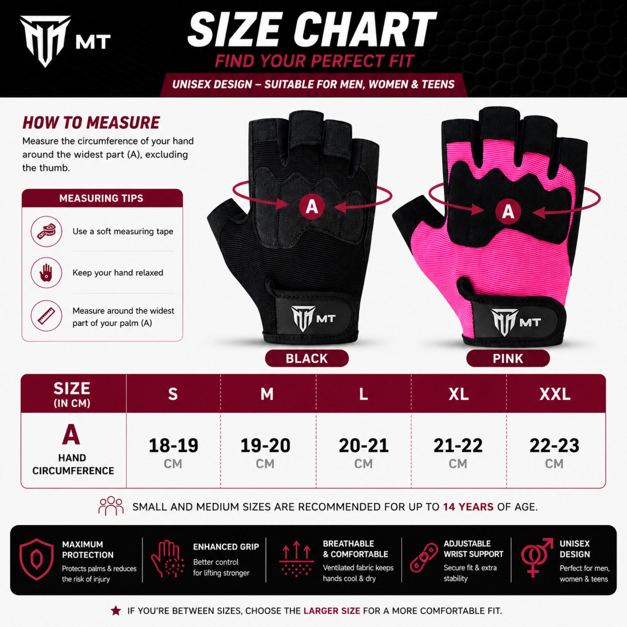 MT leather gym gloves size chart S to 2XL