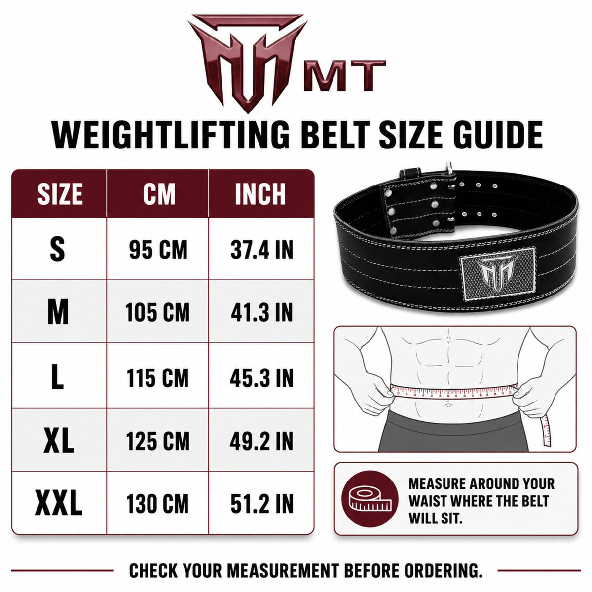 MT Pro Powerlifter Belt | Premium Leather Back Support for Weightlifting, Squats & Deadlifts