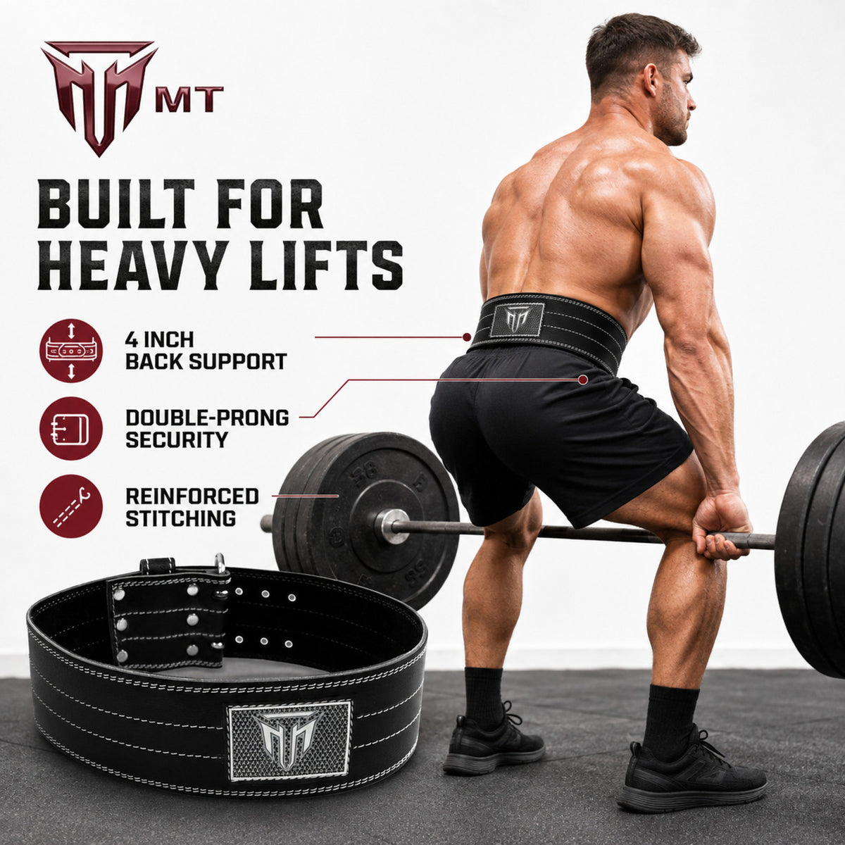MT Pro Powerlifter Belt | Premium Leather Back Support for Weightlifting, Squats & Deadlifts