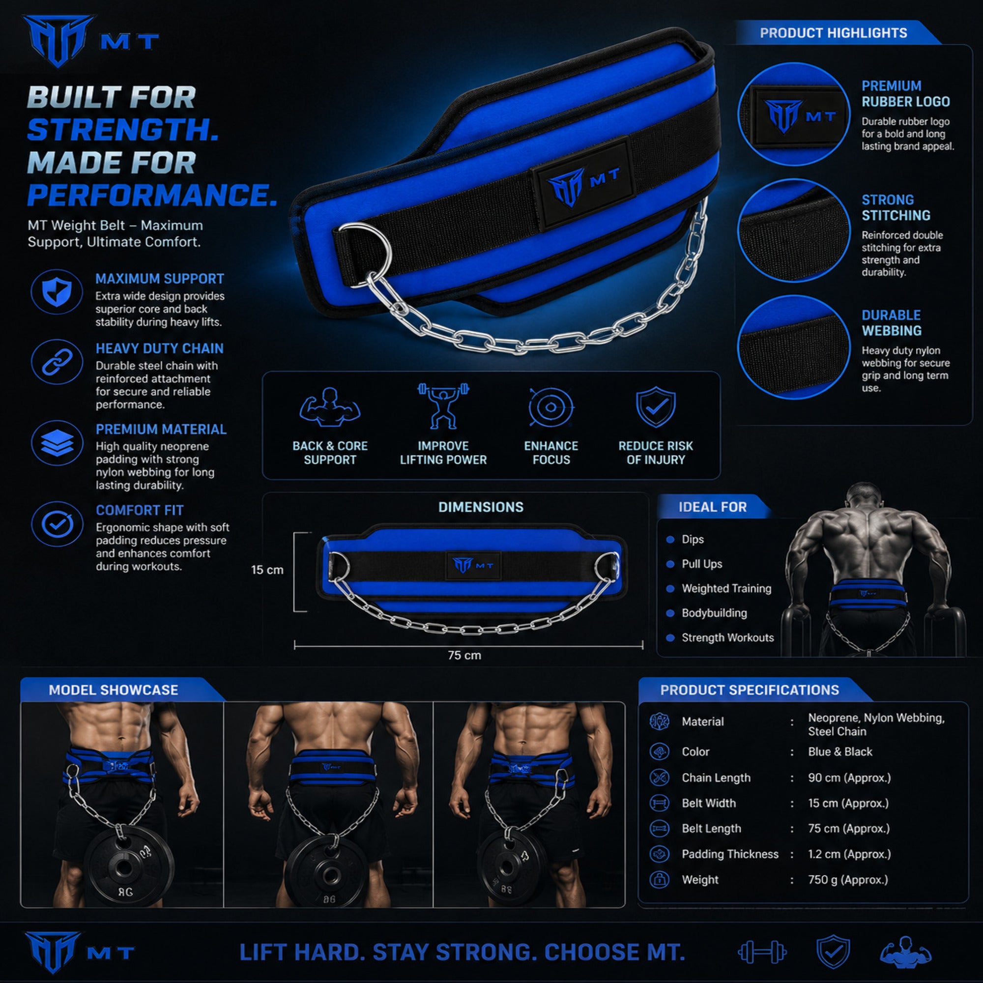MT dip belt with steel chain, angle view 3