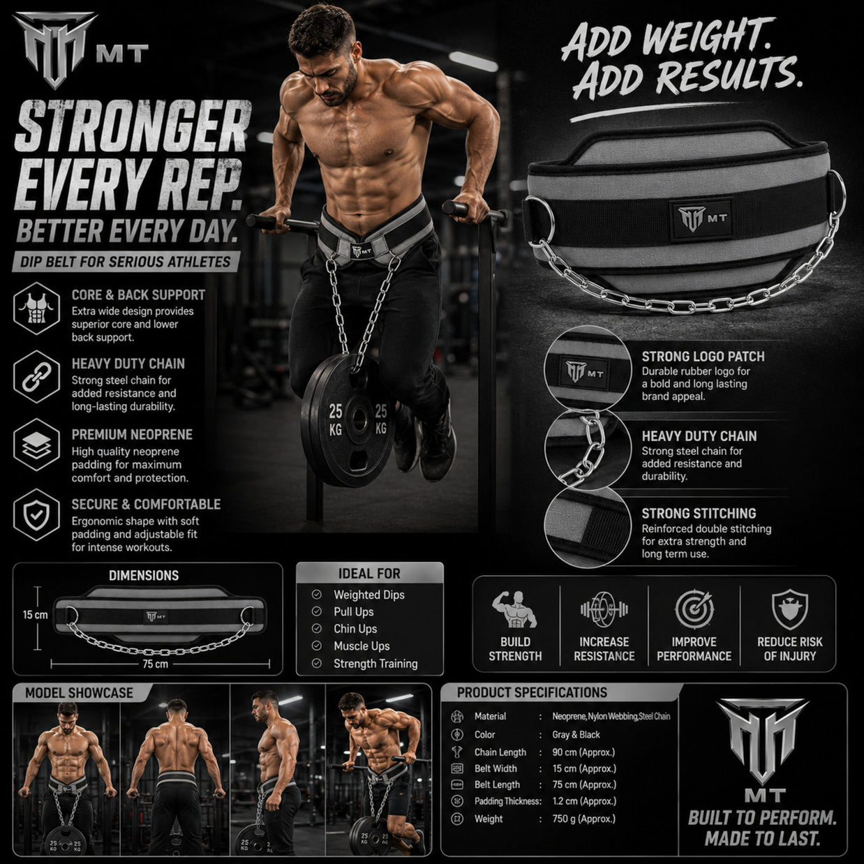 MT dip belt with steel chain, angle view 2