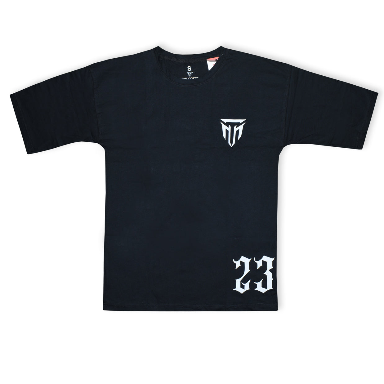 MT drop shoulder gym black tee, detail view