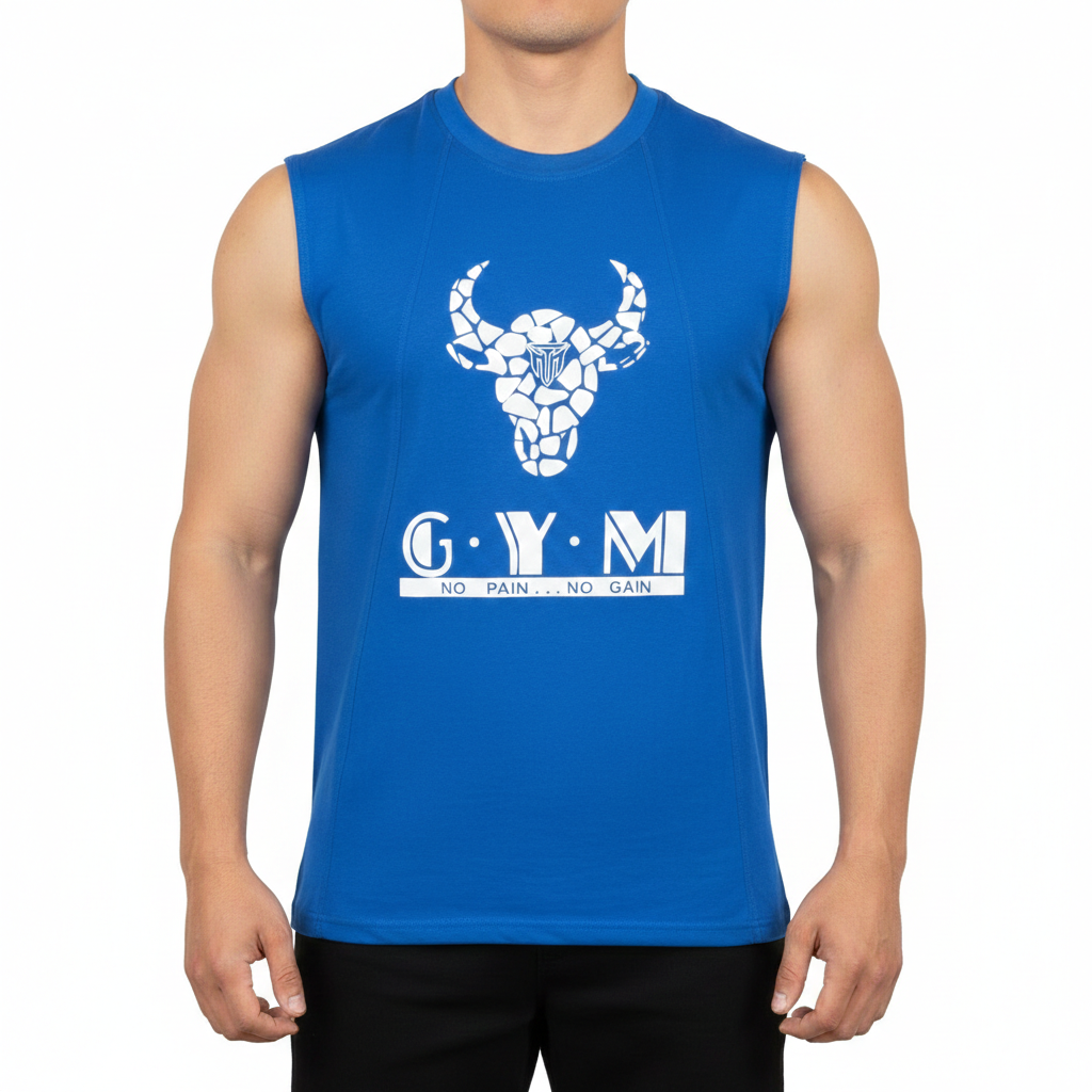 MT sleeveless blue fitness t-shirt for men and women, front view