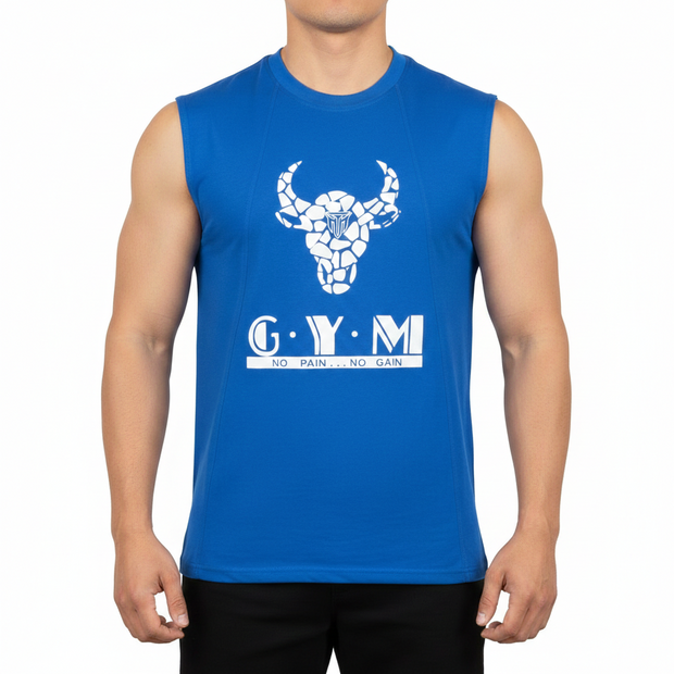 MT sleeveless blue fitness t-shirt for men and women, front view