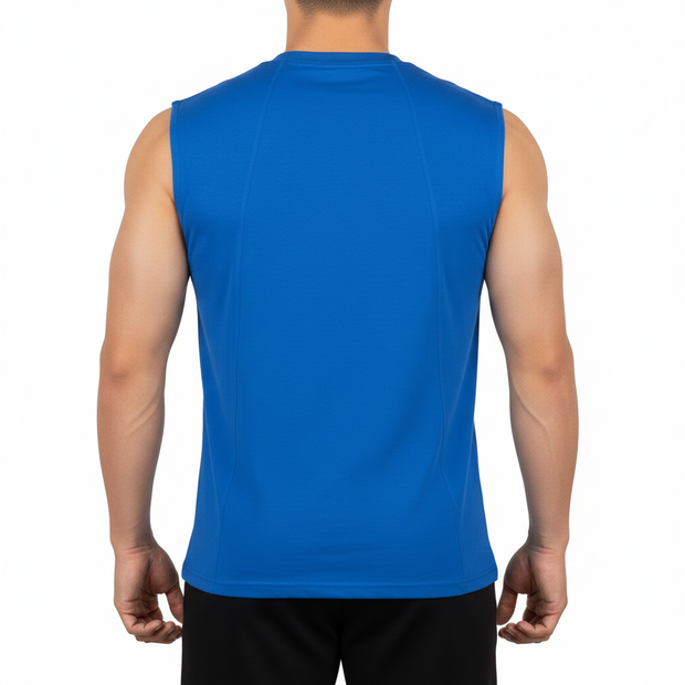 MT sleeveless blue fitness t-shirt, back view