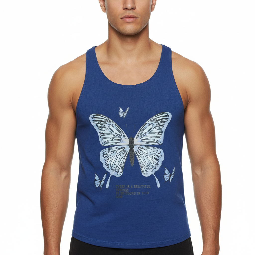 Blue butterfly top tank for men and women, front view