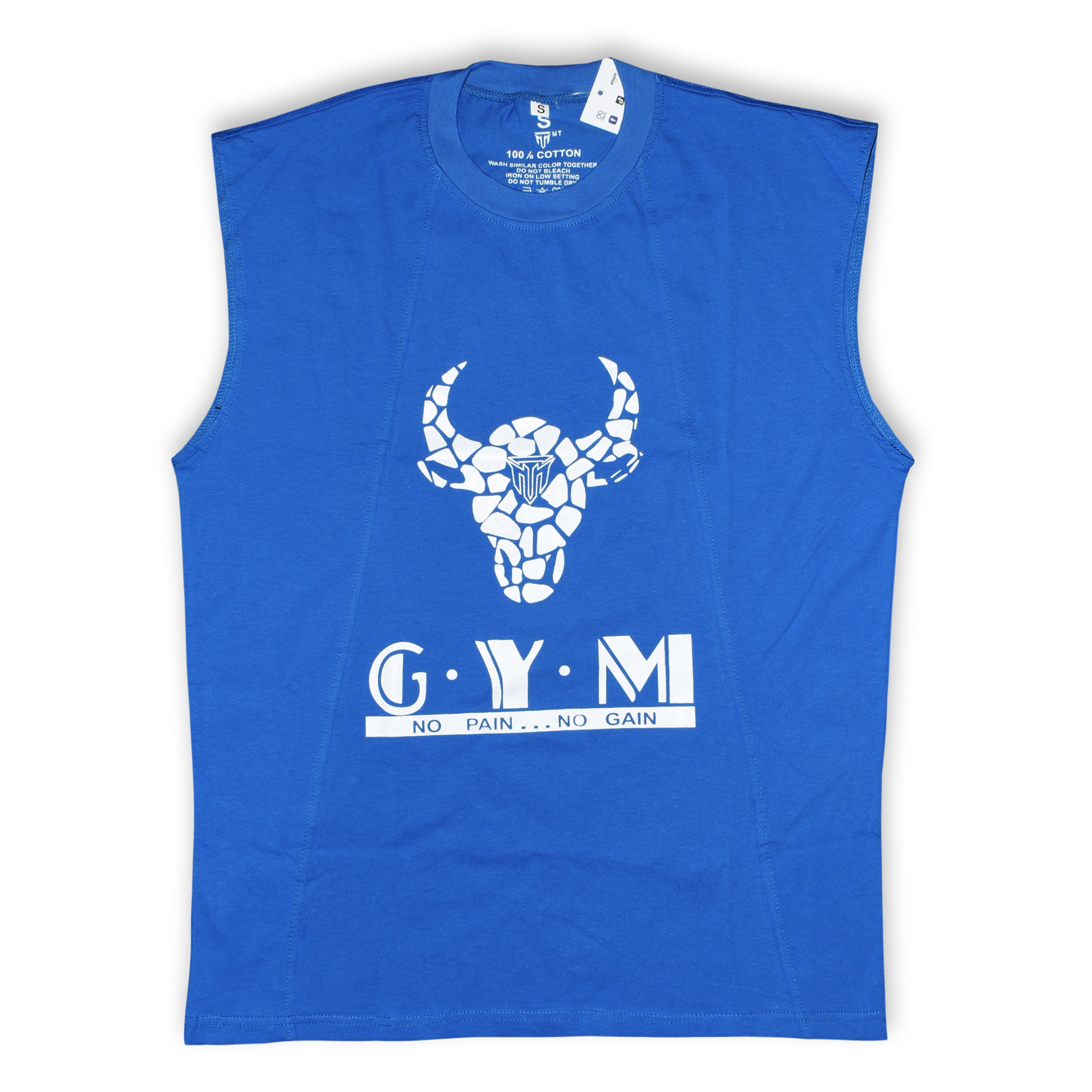 MT sleeveless blue fitness t-shirt, detail view