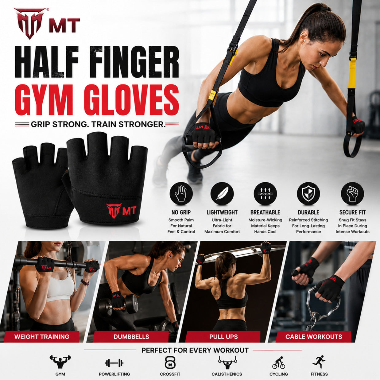 MT half finger gym gloves, detail view 2