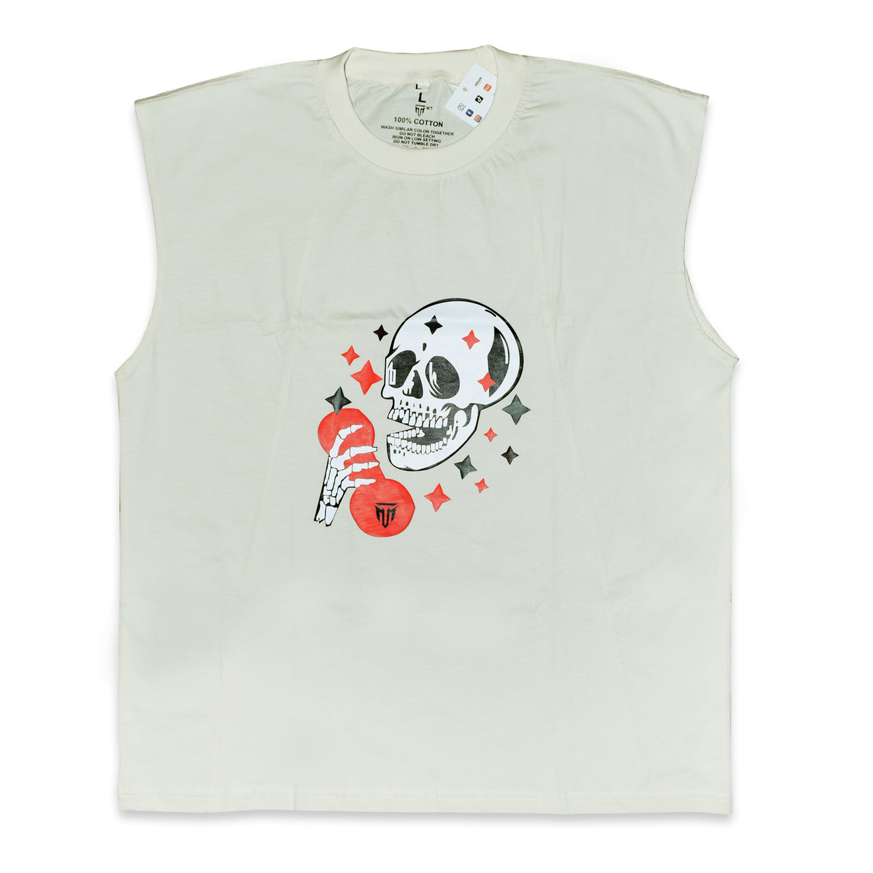MT white sleeveless fitness t-shirt, detail view