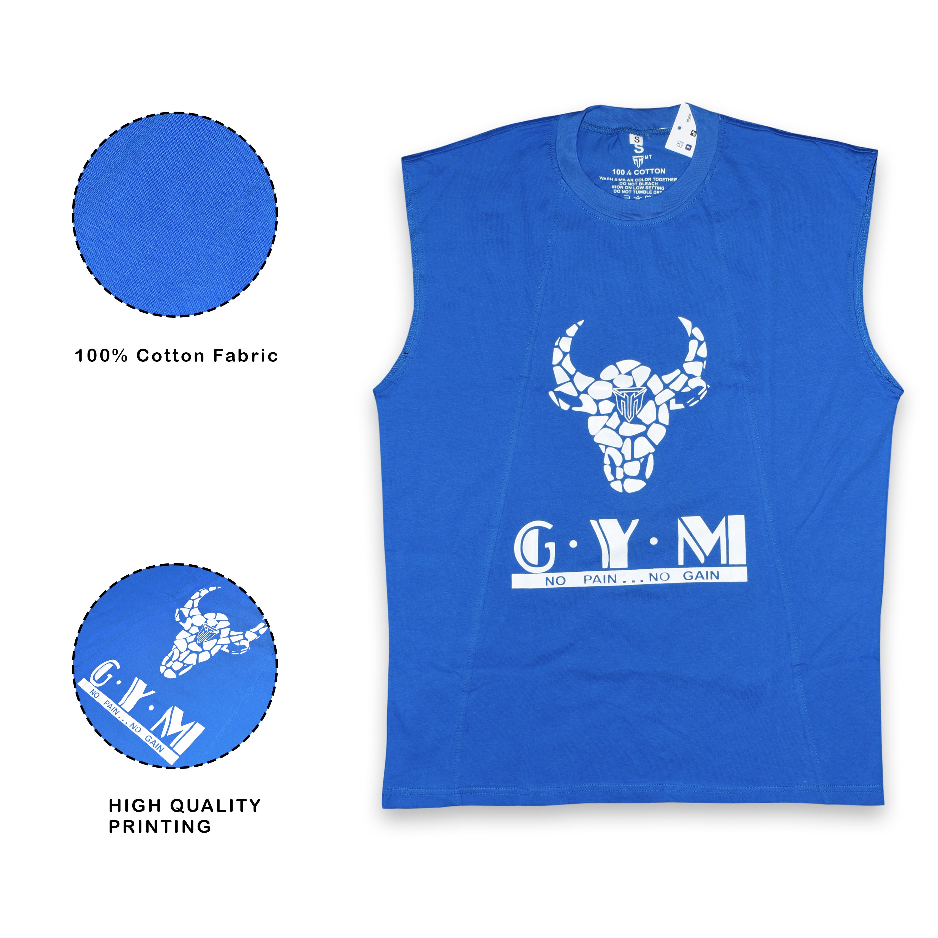 MT sleeveless blue fitness t-shirt, size chart