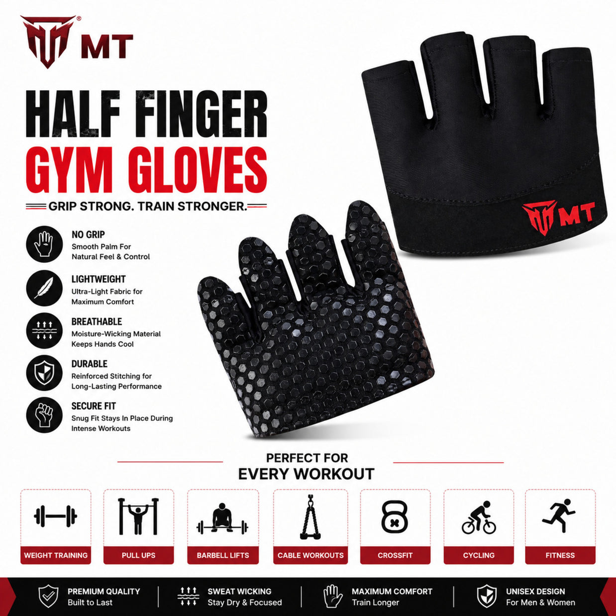 MT half finger gym gloves, detail view 3