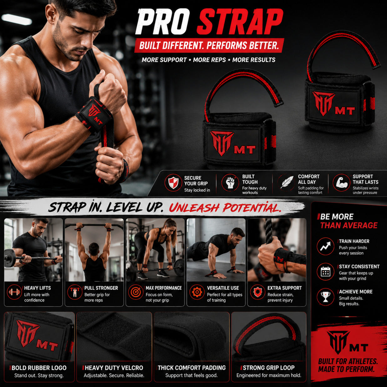 MT Pro weightlifting strap in red, infographic detail