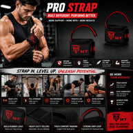 MT Pro weightlifting strap in red, infographic detail