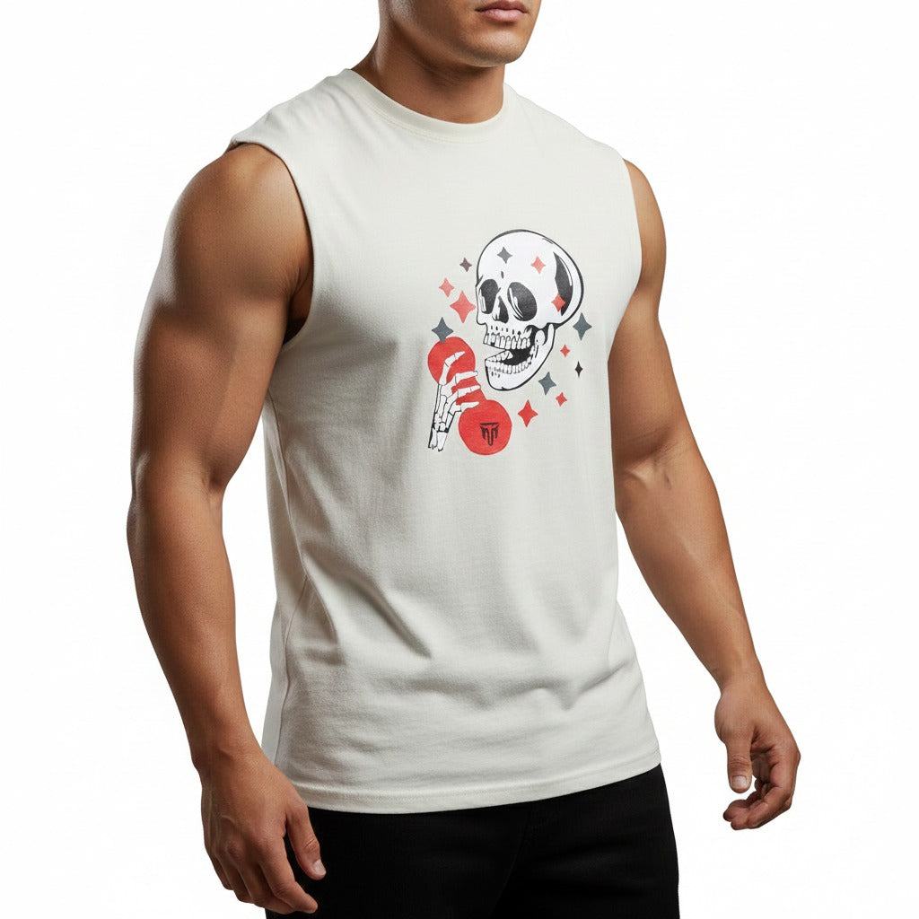 MT white sleeveless fitness t-shirt, front view